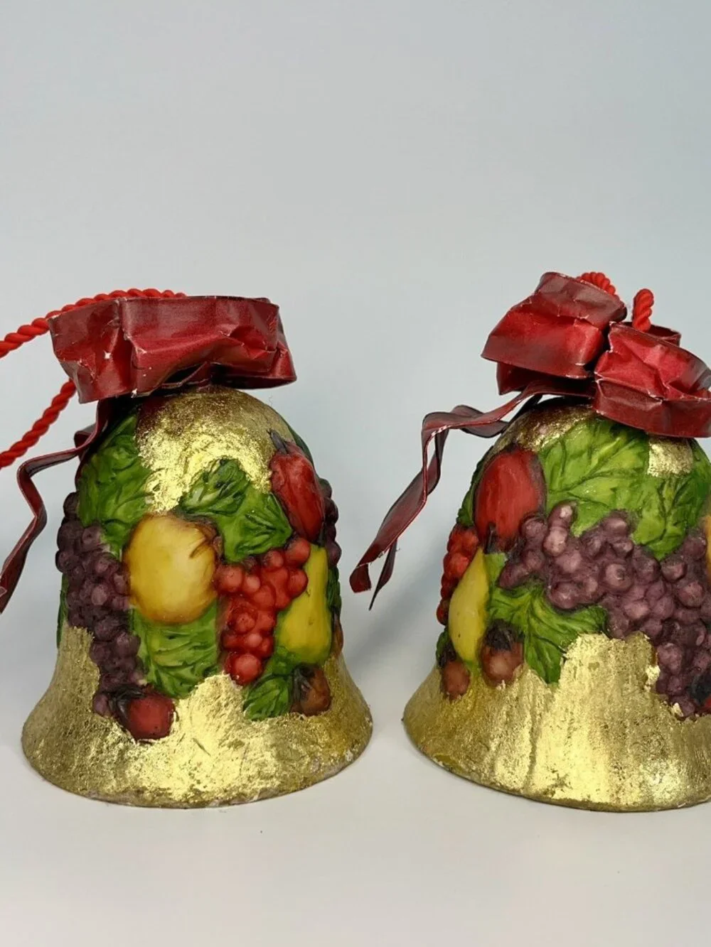 Dept 56 Gold Foil Bells RaisedFruit Design OrnamentWired Ribbon HTF Set Of 4